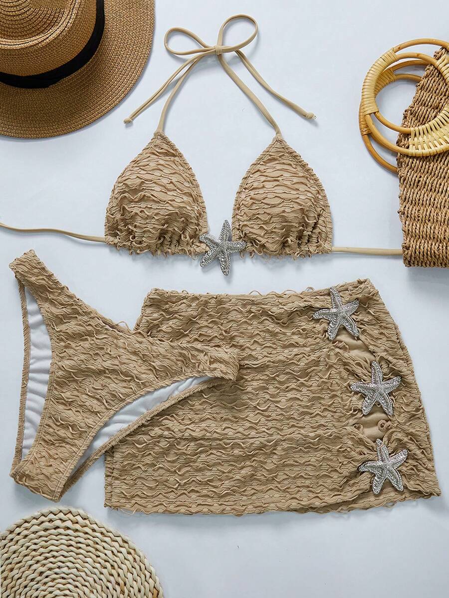 Swim Vcay Conjunto de bikini de 3 piezas para mujer de caliente en 2026: Traje de baño con cuello halter, falda de playa, estilo bohemio elegante y maduro, romántico y sexy para playa y club, primavera/verano, tela jacquard de alta calidad, decoración de estrella de mar plateada, conjunto de ropa de vacaciones para mujer, conjunto de ropa de fiesta de playa, conjunto de ropa de cumpleaños para dama, conjunto de ropa de sesión fotográfica de verano para mujer, conjunto de ropa con conchas marinas, conjunto de ropa de cumpleaños para dama, conjunto de 2 piezas para playa para mujer - Albaricoque - Ver 1