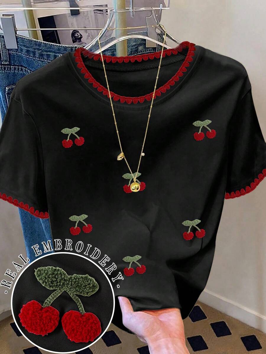 Resyla 女士时尚休闲落肩圆领贝壳刺绣T恤,樱花刺绣T恤,樱花毛巾刺绣T恤,休闲舒适户外T恤,四季皆宜T恤,水果T恤 - 黑色 - 查看 1