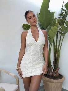 Firerie Women's Spring/Summer New Ivory Knit Embroidered Romantic V-Neck Textured Backless Halter Mini Dress, Elegant Date Night Outfit,Summer Dresses For Women - Beige - View 3