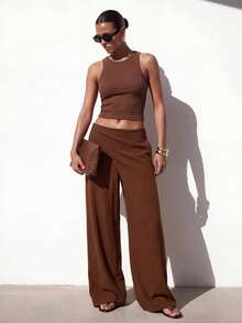 Zivah Women's Espresso Brown Autumn High Waist Wide Leg Pants,Modest Loose Wrap Around Trousers For Brunch,Holiday,Office Work,Daily Casual Western Style - Brown - View 5