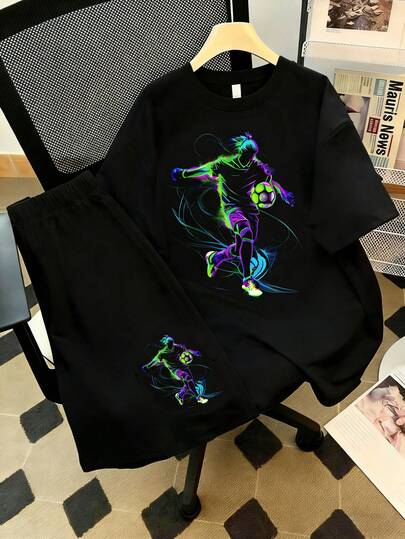 青少年男孩足球图案印花时尚两件套