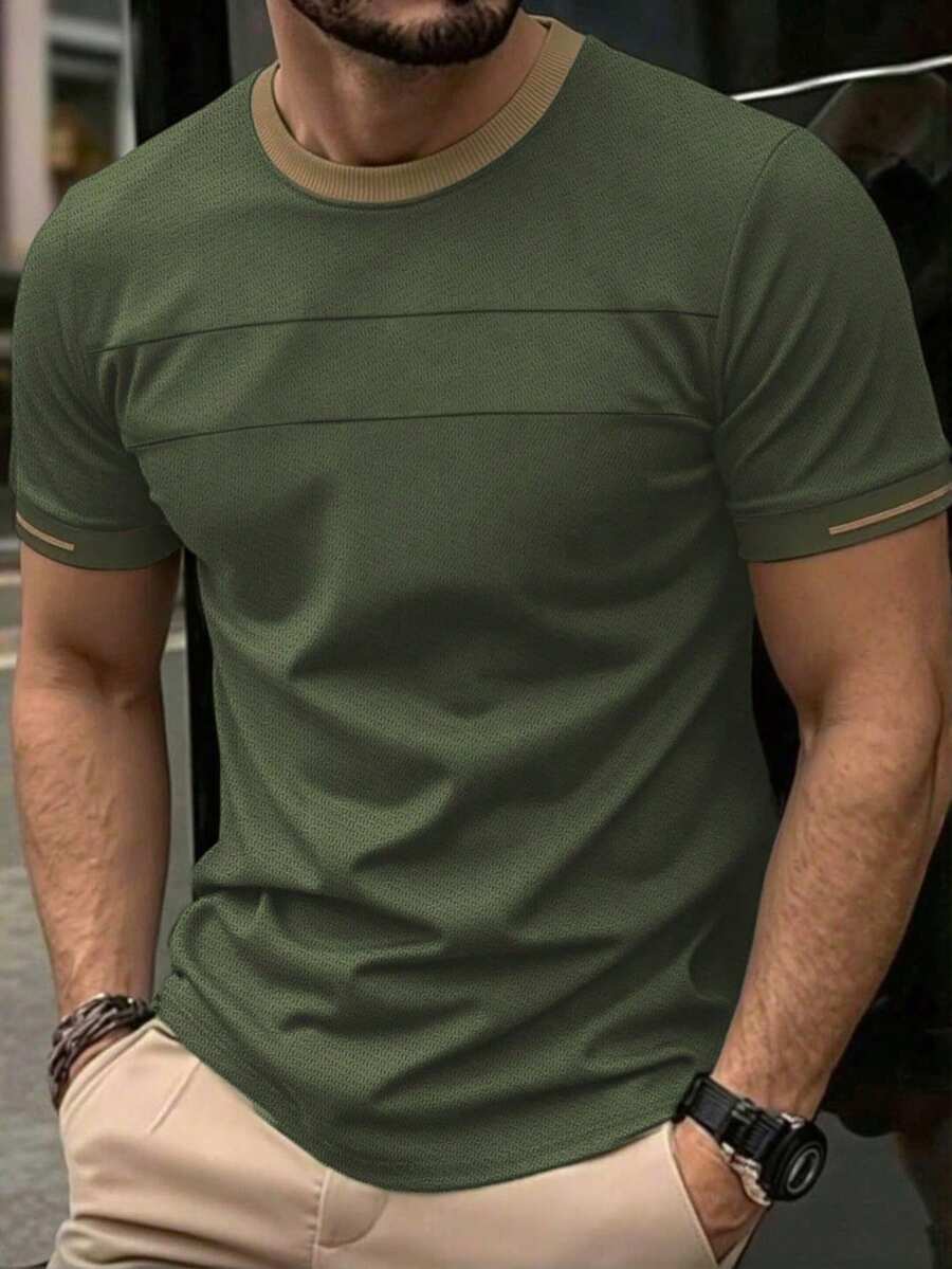 Manfinity Homme 男士休闲日常通勤撞色短袖T恤,夏季 - 軍綠色 - 查看 1