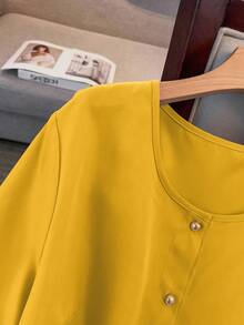 GlowEve CURVE 大码女装两件套，纯色圆领短袖上衣和褶皱长裤，休闲日常穿着 - 黃色 - 查看 5