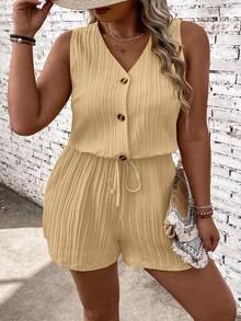 EMERY ROSE Plus Size Women V-Neck Solid Color Casual Everyday Romper - Brown - View 1