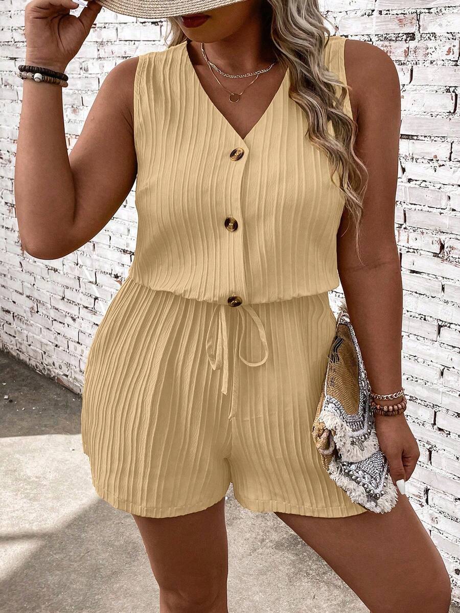 EMERY ROSE Plus Size Women V-Neck Solid Color Casual Everyday Romper - Brown - View 1