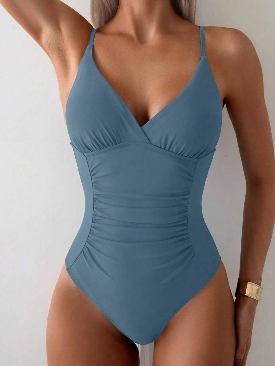 Swim Basics Áo tắm liền thân màu trơn dành cho nữ, thích hợp cho kỳ nghỉ và đi biển. - Màu xanh bụi bặm - Xem 1