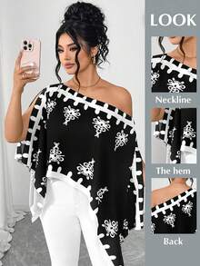 Elenzga Plus Size Women Print Asymmetrical Shoulder Asymmetrical Hem Blouse, Spring/Summer - Black and White - View 3