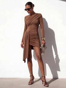 Zivah Women's Chic Coffee Brown Autumn Long Sleeve Round Neck Bodycon Dress,Chest Ruched Panel,Asymmetric Hem Draped Wrap Mini Dress For Party & Night Out - Brown - View 2