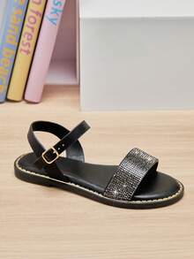 Mini mi Sandal đế bằng màu đen bằng da PU đính đá cho bé gái, quai cài mắt cá chân, đế viền vàng, kiểu dáng sang trọng và sẵn sàng cho mùa hè. - màu đen - Xem 6