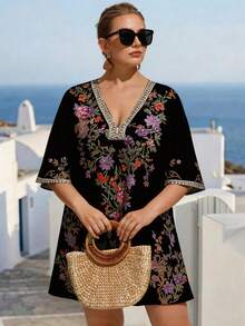 Linhara CURVE 大码女式夏季短袖印花连衣裙，拼接蕾丝边，度假女装夏季连衣裙，休闲女装，节日女装，刺绣印花连衣裙 - 黑色 - 查看 6