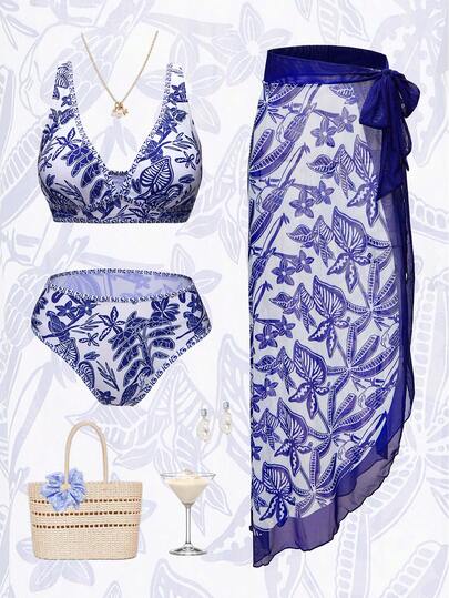 Swim Oasis Bộ bikini mùa hè mới dành cho nữ, họa tiết hoa, kèm váy sarong bằng vải chiffon cùng màu, thanh lịch, thích hợp cho kỳ nghỉ biển.