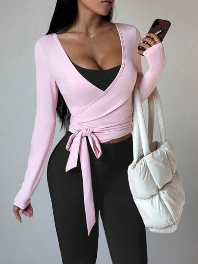 Dewbera Dewbera 3pcs Women Sports Set,Black And Pink Long Sleeve T-Shirt,Adjustable Strap Top High Waist Flared Pants,Autumn Athleisure Pilates Yoga Gym Outfit