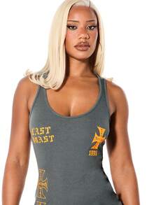 SUMWON WOMEN Ribbed Tank Mini Dress With Gothic Cross Print Yellow Lettering Scoop Neck Bodycon Fit Street Style Fashion - Grey - View 6