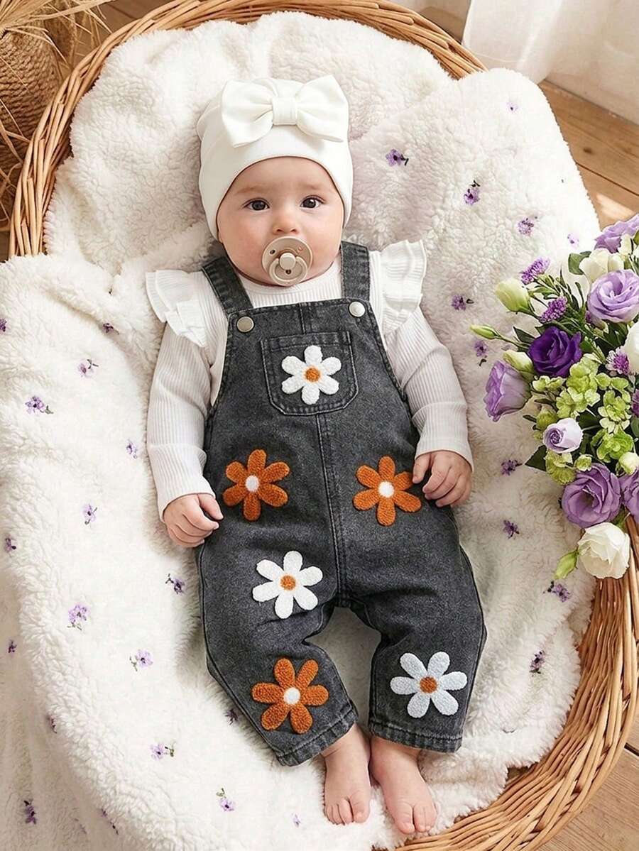 SHEIN Vintaside Kids 女婴男女通用0-3岁春秋季花卉刺绣牛仔裤套装,圆领长袖上衣和牛仔背带裤,适合户外、购物、休闲穿着 - 灰色 - 查看 1
