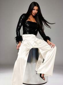 NYA SZN Pant High Rise Cargo Pocket Wide Leg Flowy Loose Summer Fall Satin Brown Business Casual Event Special Occasion Luxury Outfits For Women - White - View 4