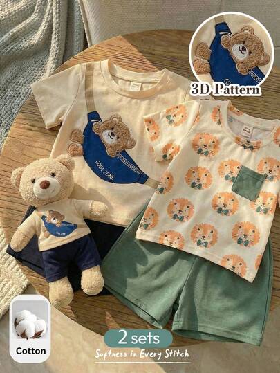 Cozy Pixies Bộ 4 món cho bé trai, gồm áo thun cổ tròn tay ngắn và quần short cạp chun, chất liệu mềm mại, in hình động vật hoạt hình.