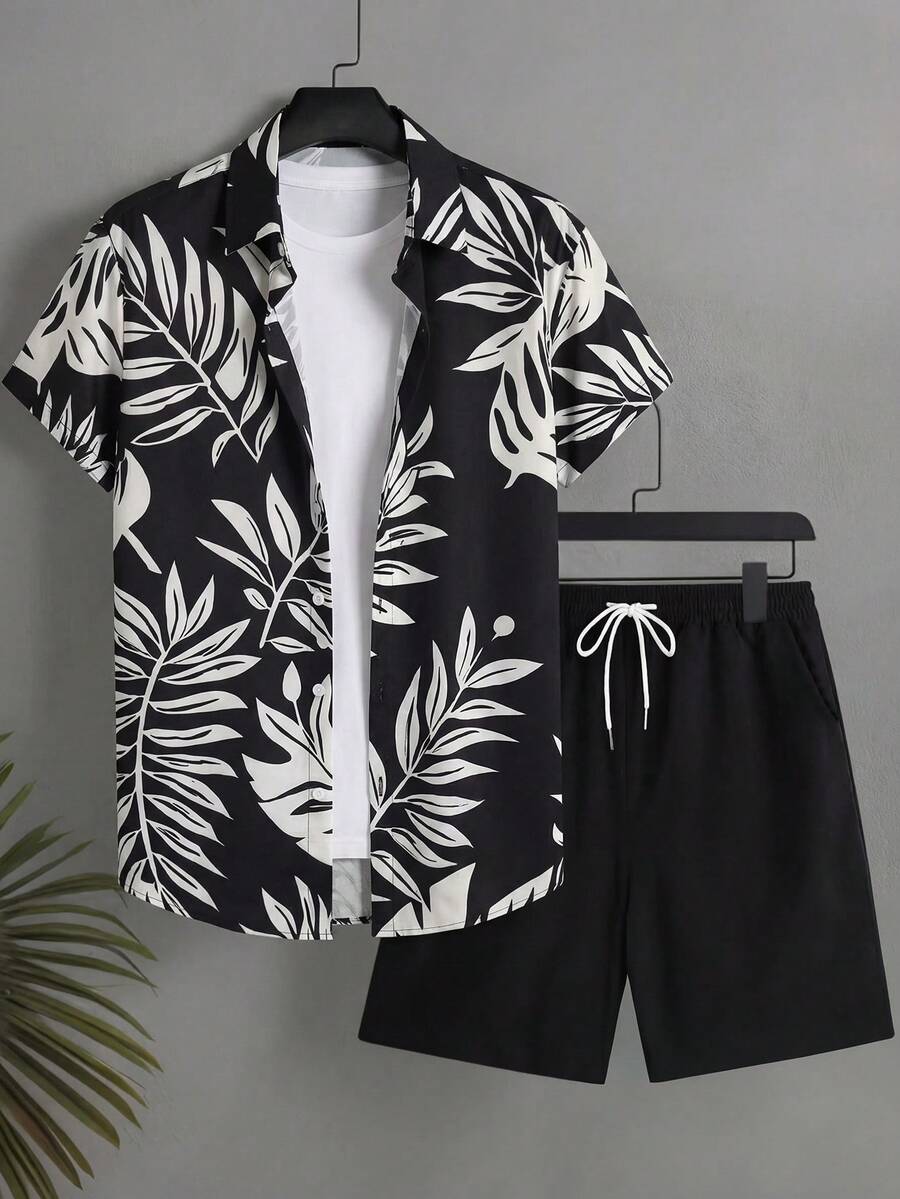 Manfinity RSRT 男士全印花纽扣短袖衬衫和斜插口袋短裤套装 - 彩色 - 查看 1