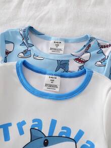 4件套男童海军蓝白卡通鲨鱼条纹短袖睡衣套装 - 淺藍色 - 查看 4