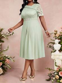 Fleurora 大码女式蕾丝拼接褶裥优雅收腰派对连衣裙 - 薄荷綠 - 查看 7