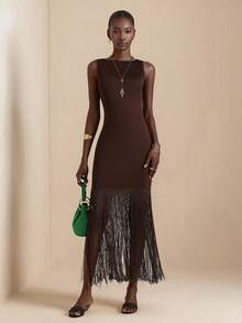 Vesra Women's Sleeveless Elegant Tassel Dress - Brown - View 5