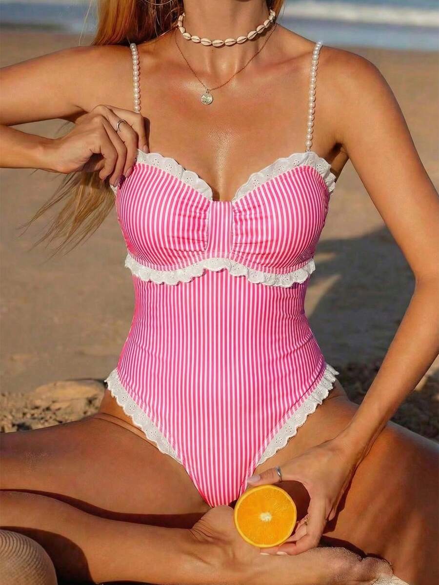 Swim Mod Áo tắm liền thân nữ mới với dây đeo giả ngọc trai kẻ sọc. - Màu Hồng Tươi - Xem 1