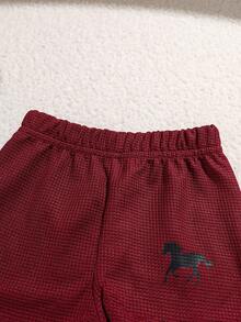 SHEIN Playful Pals 3件組男嬰夏季套裝 可愛酒紅色華夫格面料 2合1上衣短褲 & 帽子套裝 圓領 幼童服裝 適用於海灘戶外 & 度假 - 紅色 - 查看 8