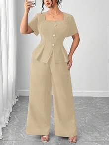 Elenzga 大码女装两件套：纹理短袖上衣和直筒裤 - 卡其色 - 查看 6