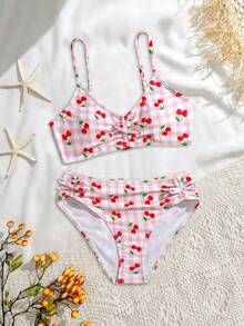 SHEIN 少女樱桃印花修身比基尼泳装套装，夏季海滩度假 - 紅色 - 查看 1