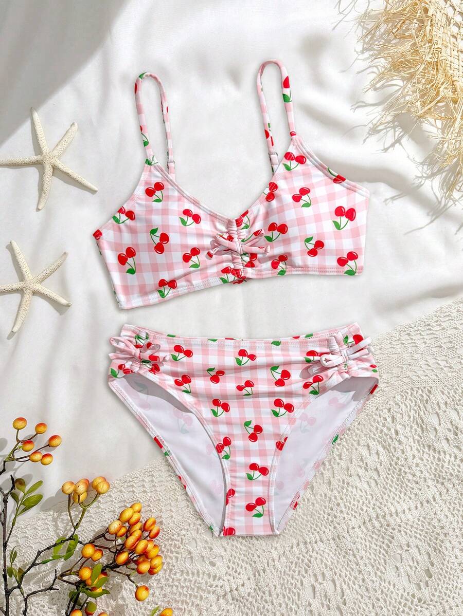 SHEIN 少女樱桃印花修身比基尼泳装套装,夏季海滩度假 - 紅色 - 查看 1