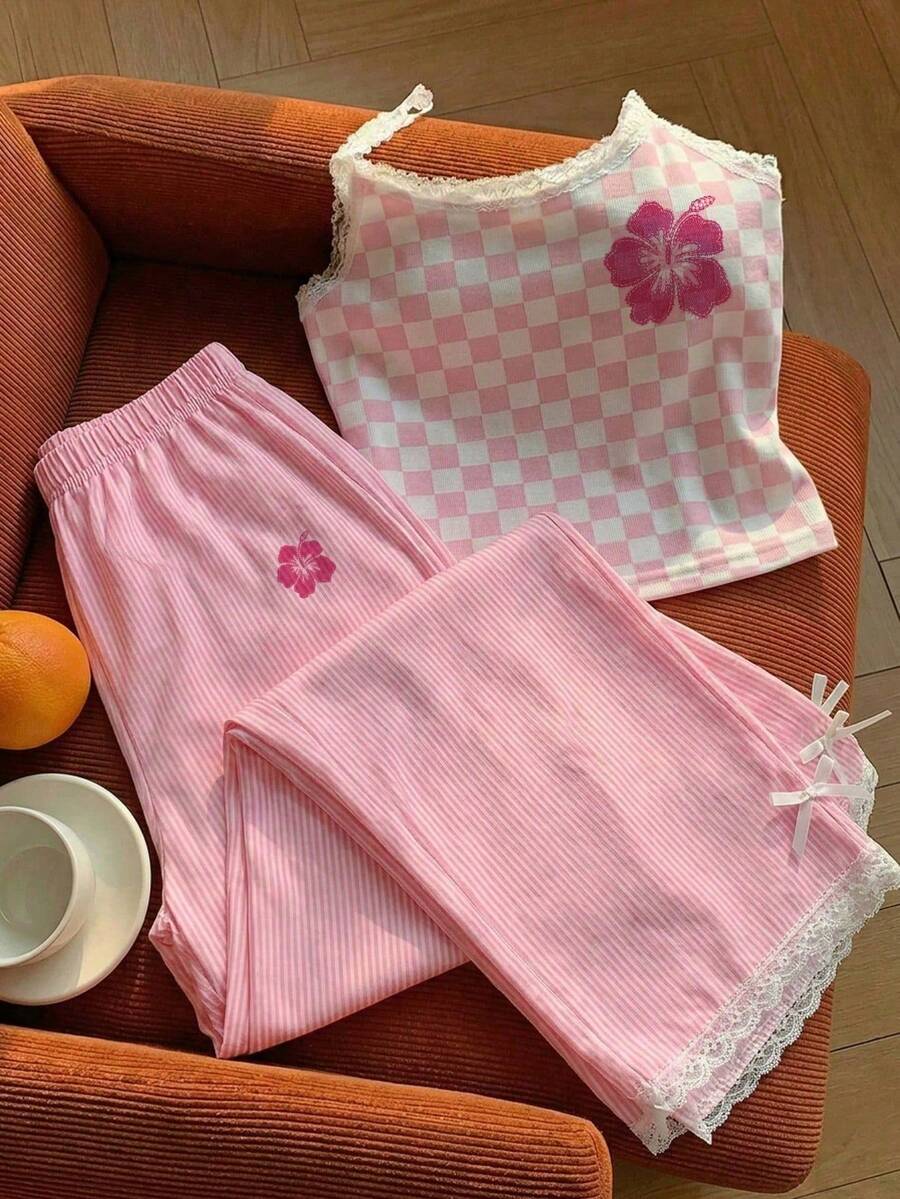 Comfortcana Bộ đồ nữ mùa hè mới, kiểu dáng thường ngày, màu be, gồm áo hai dây in hoa hồng viền ren và quần kẻ sọc hồng, thích hợp cho mùa hè, kỳ nghỉ, lễ hội âm nhạc và các dịp khác. - Nhiều màu - Xem 1