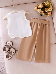 SHEIN Vintaside Kids Bộ 2 món áo vest không tay dệt kim cho bé sơ sinh/trẻ nhỏ với họa tiết hoa 5 cánh màu trắng và quần hoa cùng màu, trang phục mùa hè thời trang. - trắng - Xem 2