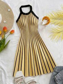 Franclia 女士条纹吊带优雅束腰针织连衣裙，适合派对和旅行穿着。 - 鵝黃色 - 查看 7