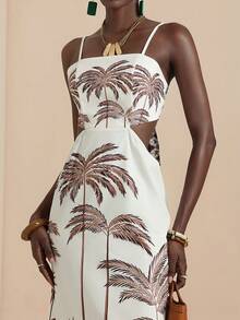 Vesra Apricot Coconut Tree Print Backless Tie Strap Dress For Women - Apricot - View 4