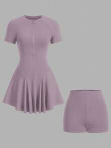 CourtClass CourtClass Women's Solid Color Round Neck Casual Daily Sports Dress And Shorts Set Pirple Dress For Women - Purple - View 5