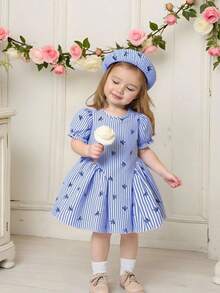 SHEIN Bộ 2 món cho bé gái mùa hè, gồm váy hồng kẻ sọc in nơ dễ thương và mũ beret cùng màu, thiết kế kẻ caro cổ điển với kiểu dáng thời trang, phù hợp cho bé mặc hàng ngày và đi chơi. - Màu xanh lam - Xem 4