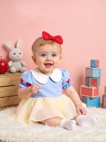 SHEIN Playful Pals 全新婴儿/幼儿女孩可爱心形印花领短袖网眼连体衣套装带蝴蝶结头带，独特时尚设计 - 彩色 - 查看 7