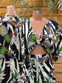 Lunelith SHEIN Lunessa Printed V-Neck Batwing Sleeve Tie Waist Loose Crop Top & Elastic Waist Casual Shorts 2 Piece Set For Women Tropical Tops Hawaiian Tops For Women Tropical Vacation Dress - Multicolor - View 2