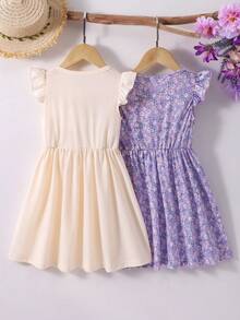 Genkimix Kids 2 piezas/paquete Vestidos con mangas de volantes con estampado de flores diminutas lilas para niña joven - Púrpura malva - Ver 2