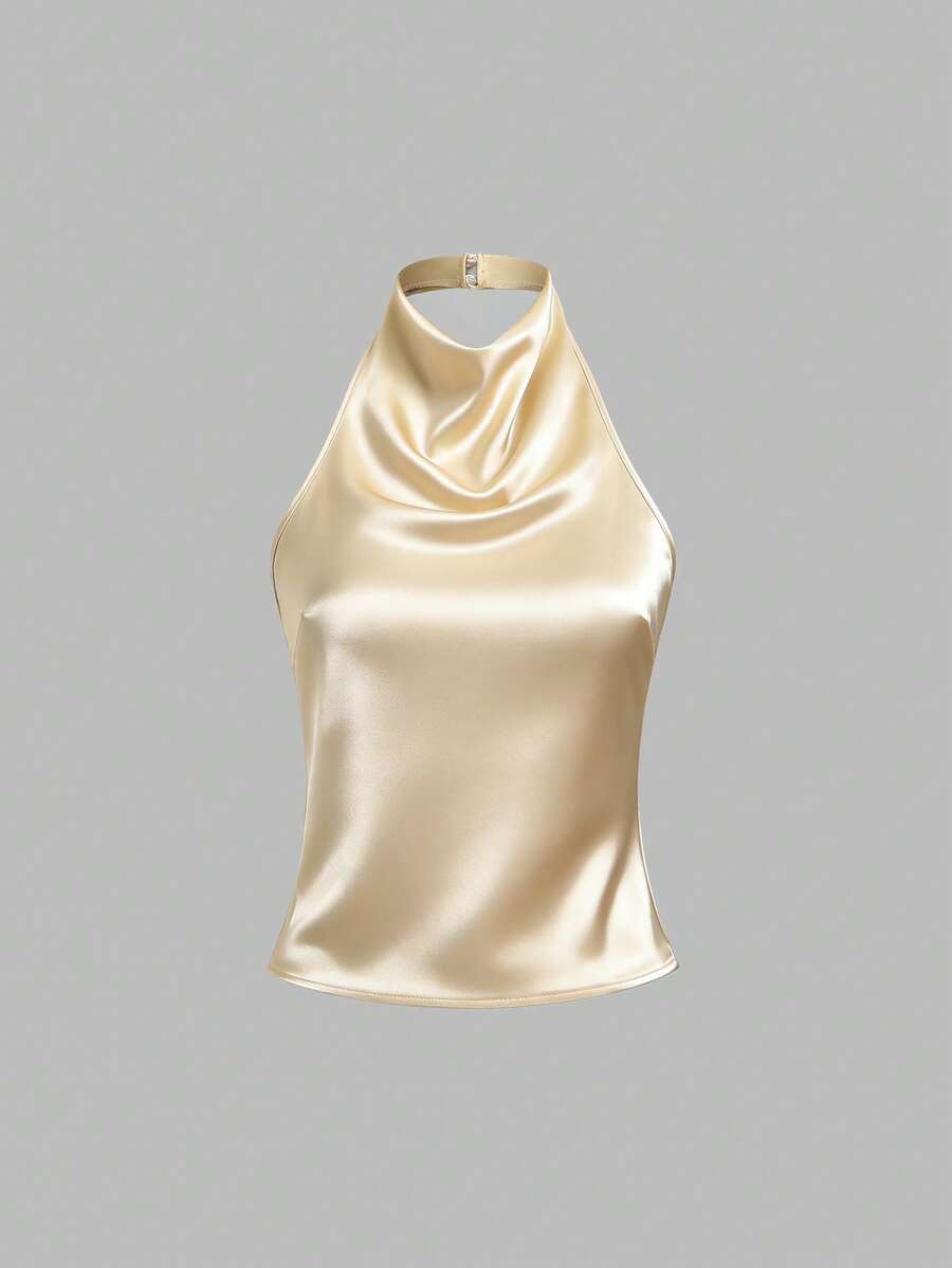 Sweetra Backless Tie-Up Satin Solid Color Draped Halter Elegant Camisole - Pale Yellow - View 1