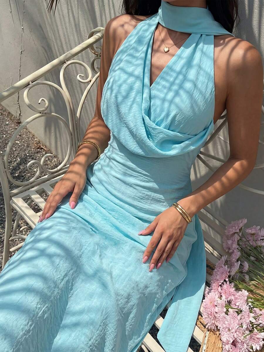 Firerie 女士优雅浪漫约会派对连衣裙，浅蓝绿色垂褶领口飘逸A字型度假长裙，婚礼宾客礼服，新款长裙，生日礼服，派对礼服，晚礼服，正式礼服 - 藍色 - 查看 1