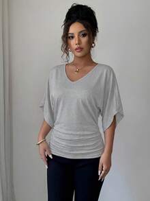 Elenzga Áo thun nữ tay ngắn cổ chữ V trơn, kiểu dáng thường ngày, đa năng. - Xám - Xem 4