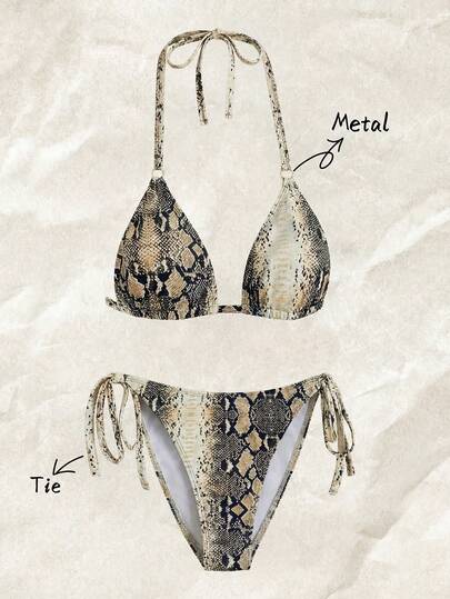 Swim Vcay 大码两件式泳衣，女士夏季性感斑马纹比基尼套装，度假风挂脖系带三角罩杯设计，侧边系带可调节泳裤，适合海滩穿着