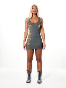 SUMWON WOMEN Ribbed Tank Mini Dress With Gothic Cross Print Yellow Lettering Scoop Neck Bodycon Fit Street Style Fashion - Grey - View 3