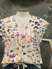 EMERY ROSE Plus Size Women V-Neck Floral Print Casual Blouse, Suitable For Summer Outings - Red - View 8