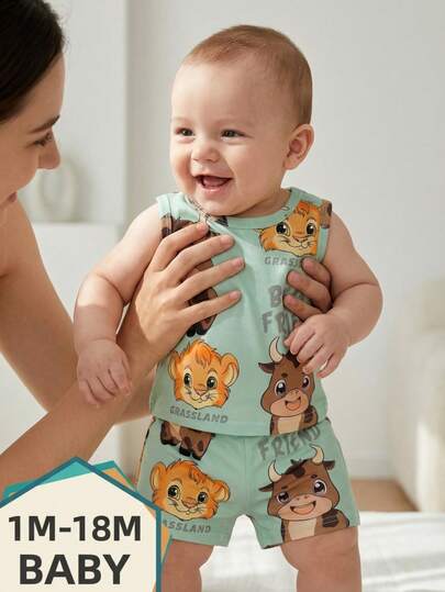 SHEIN 婴儿幼儿男宝宝新生儿0-3岁休闲可爱动物印花背心上衣和短裤两件套，宝宝夏季套装，男宝宝可爱动物套装，男宝宝绿色套装，男宝宝夏季背心套装，新生儿夏季套装，新生儿夏季背心套装