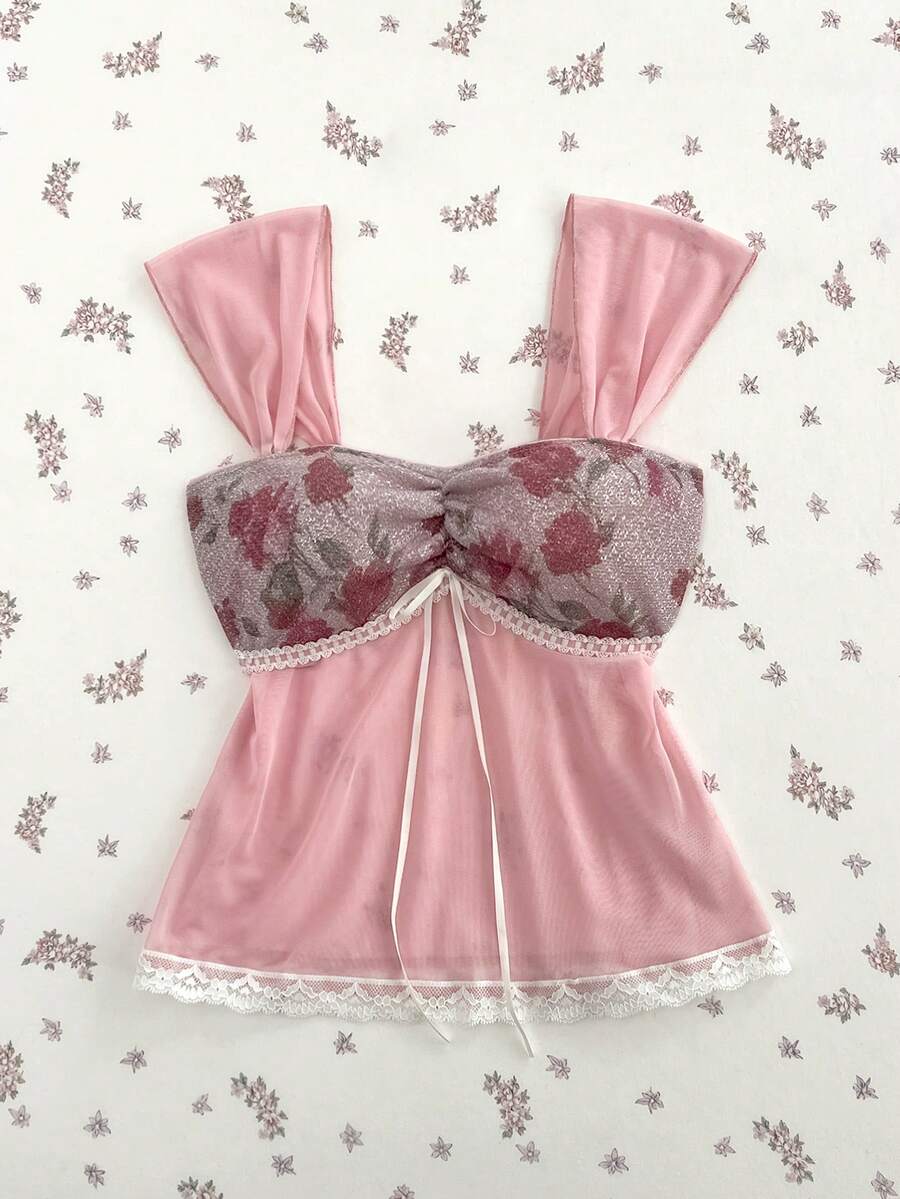 Elamini Áo thun nữ Dopamine cổ tim phối ren hoa hồng ngọt ngào lãng mạn, kiểu dáng nghỉ mát, mùa xuân/hè. - Nhiều màu - Xem 1