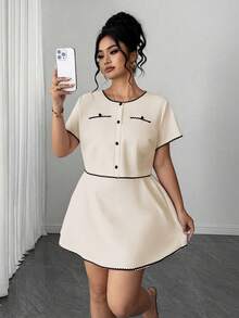 Elenzga Plus Size Summer Elegant Commuter Color Block Trim Shirt And Skirt 2 Pieces Set - Apricot - View 7