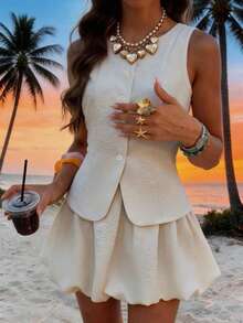 INAWLY 女士纯色单排扣上衣搭配褶皱碎花裙，时尚约会套装 - 杏色 - 查看 1