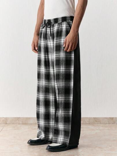 SWAVVY Men's Plaid Drawstring Waist Casual Loose Fit Wide Leg Pants, Versatile For Daily Wear