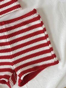 Tween Girls' Casual Striped Tank Top And Shorts Set, Comfortable And Minimalist - Red - View 4